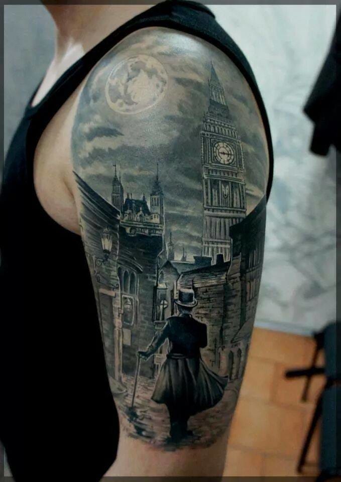 Awesome Jack the Ripper and London light half sleeve by Pavel Roach.